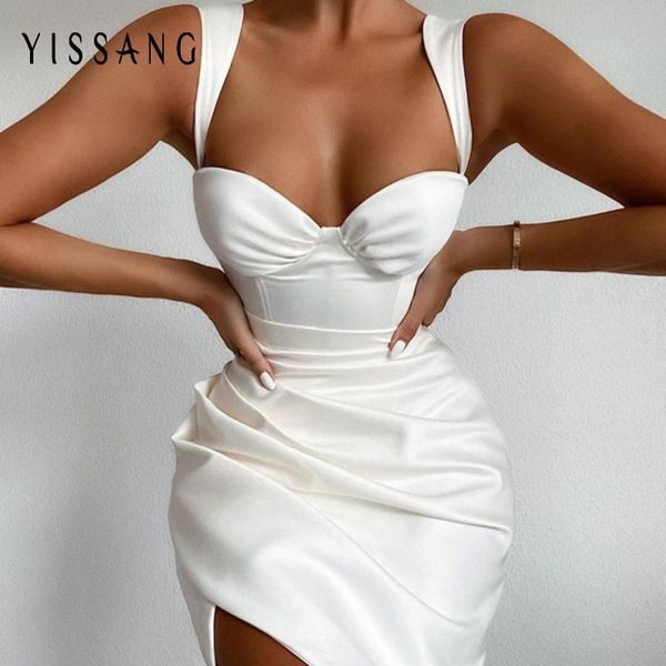 

yissang white draped satin dress women split ruched strap night dresses female slip elegant summer sleeveless party dress, Black;gray