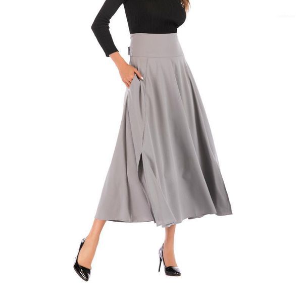 

women's skirt new high waisted pleated a line long skirt front slit belted maxi autumn winter fashion media falda #a1, Black
