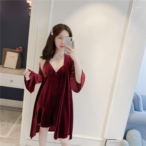 

gold velvet robe & gown sets 2 pieces warm nightwear winter kimono sets women pijamas lace pajamas sleepwear new homewear1, Black;red
