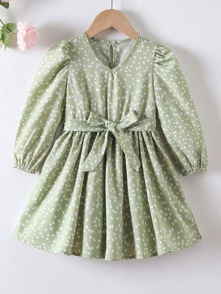 

little girl's love pattern bubble sleeve belt dress she, Red;yellow