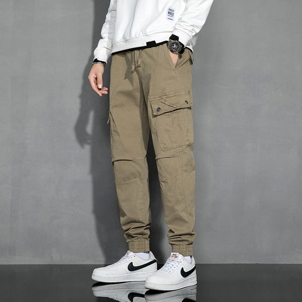 

running pants pure cotton trendy overalls men 2021 autumn and winter fashion multi-pocket solid color thick tie-leg casual, Black;blue