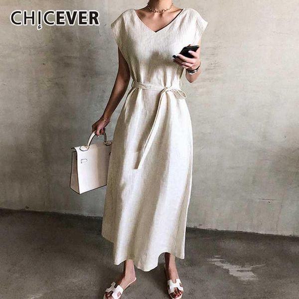 

chicever striped dress women v neck tank sleeveless high waist lace up tunic split maxi summer dresses female 2020 clothes new1, Black;gray