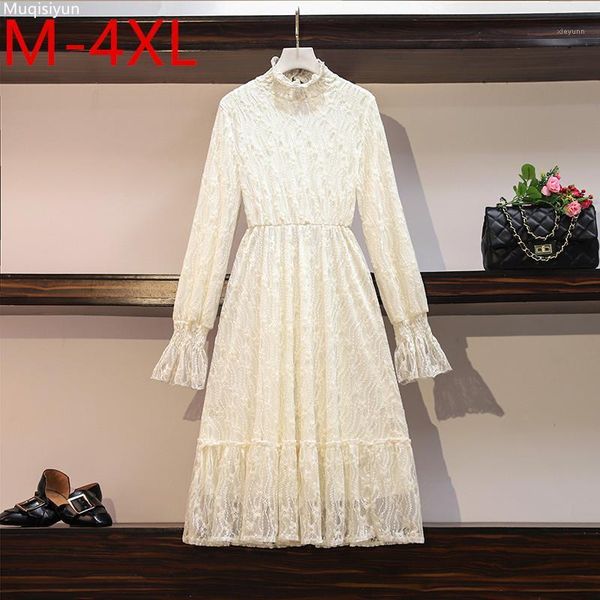 

4xl plus size women's flower lace dress autumn 2021 turtleneck flare long sleeves high waist ruffles a line dresses s0331, Black;gray