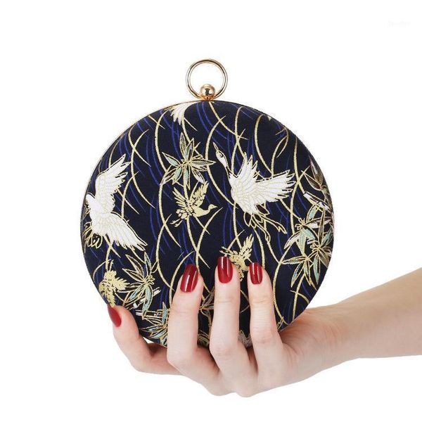 

evening bags purfay 2021 round shaped flannelette embroidery clutch banquet chain purse for ladies1