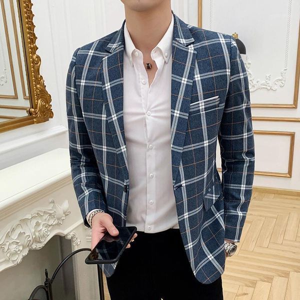 

plaid blazer striped business casual men's slim suit jacket wedding banquet suit jacket men's single button1, White;black