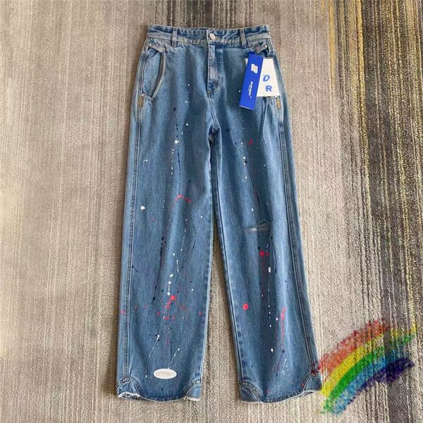 

jeans men women 1 ripped splash-ink hand painted denim pants trousers, Blue