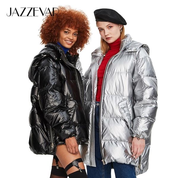 

jazzevar 2019 winter new fashion street womens edgy sliver long down jacket cool girls zipper hooded down coat outerwear z18004 t191024, Black