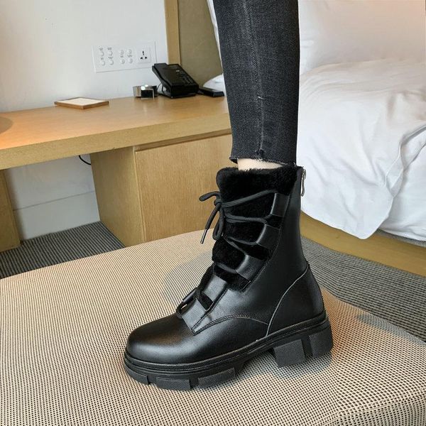 

boots ankle women winter 2021 wool warm lace-up large size 34-40 snow, Black