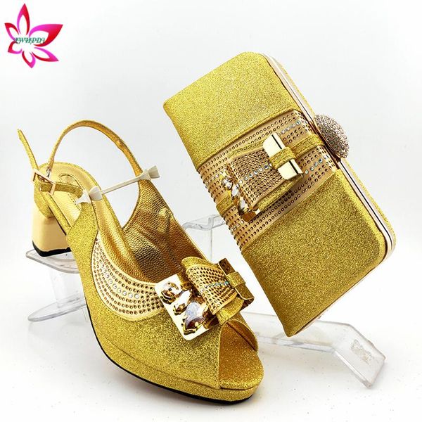 

2020 new arrivals golden color italian women shoes and bag set for party with shinning crystal for wedding dress, Black