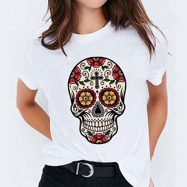 

t shirt for women 90s floral skull short sleeve trend halloween print lady t-shirts female tee womens graphic t-shirt, White