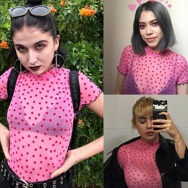 

women ladies see through t shirts lady mesh sheer crop pink dot short sleeve round neck slim transparent t, White