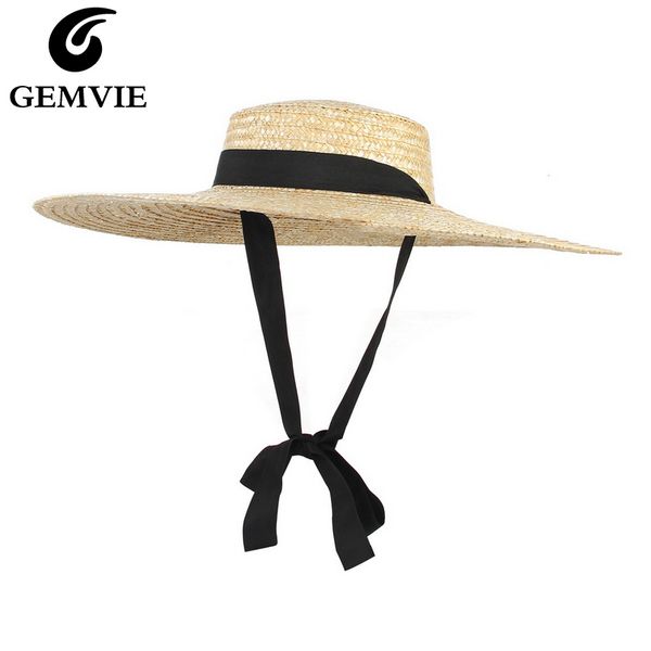 

gemvie 6cm crown large brim summer straw hats for women beach cap with ribbon boater flat sun hat 2020 new c0123, Blue;gray