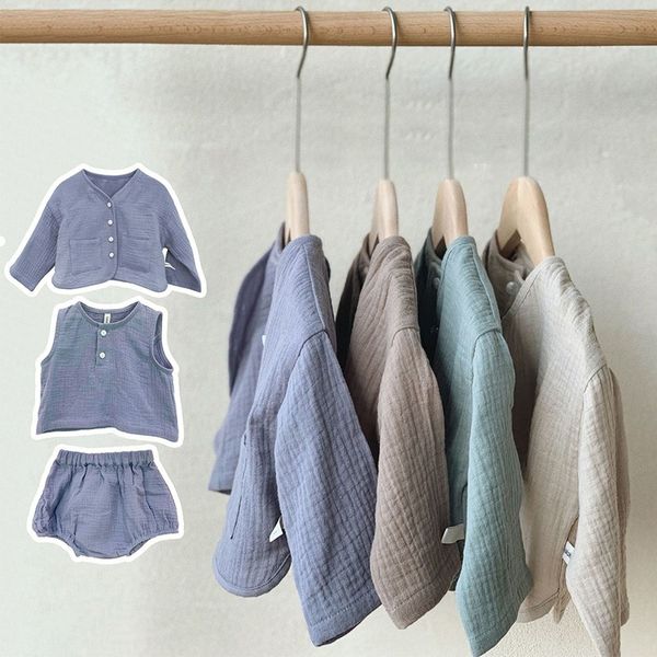 

2020 baby boys and girls clothes set cotton baby clothes toddler girl outfit baby cardigan coat+ vest+ shorts 3 pieces set 1021, White