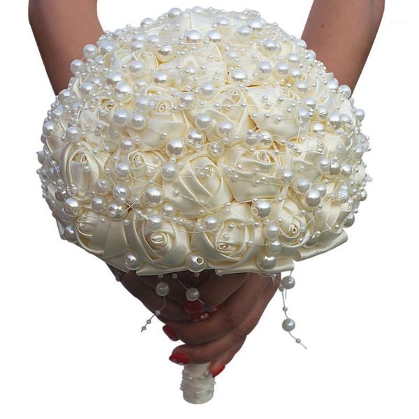 

handmade diameter 15/18/21/24cm wedding bouquet bridal bridesmaid bouquets ivory rose pearls artificial bride holding flower1