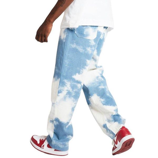 

2020 new men jeans tie-dye printing washed straight jeans motorcycle denim pants street hip-hop casual men's, Blue