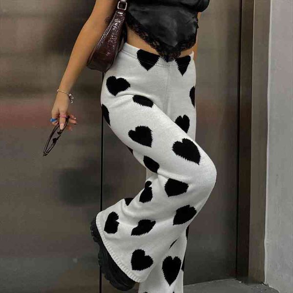 

knit pants wide leg white black heart printed sweat womens autumn fashion loose high waist casual y2k trousers, Black;white