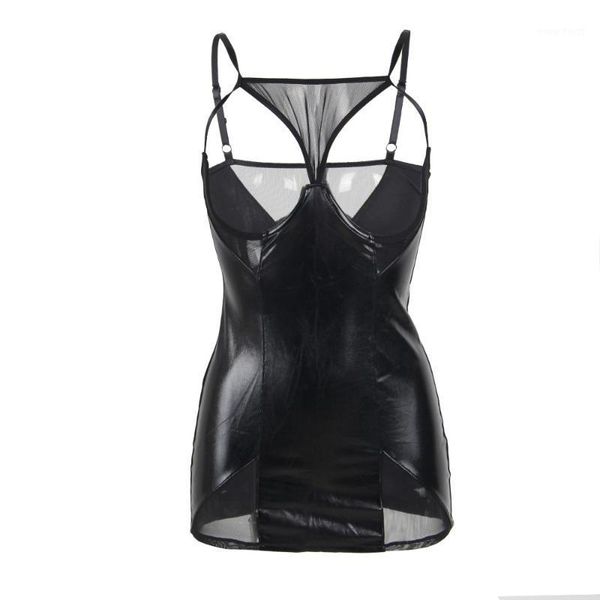 

rs70338 black leather plus size nightgowns sleep dress women mini open cup babydoll dress with + g string+steel ring1, Black;red