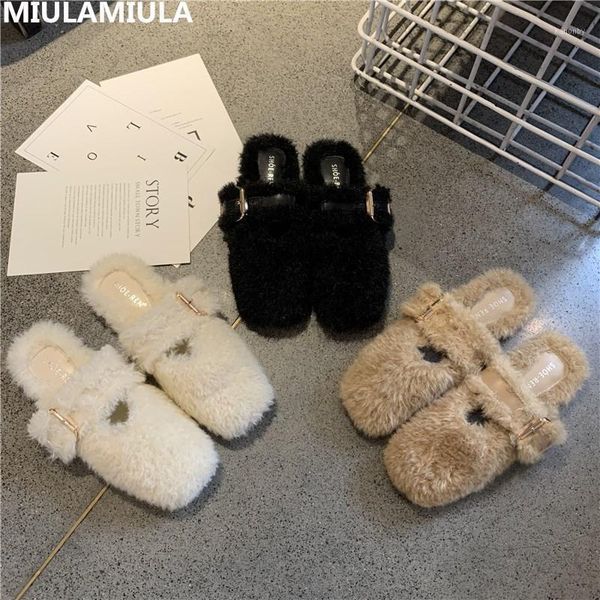 

slippers 2021 winter korean fashion hair flat brand designer square toe fur slides slip on women loafers socofy shoes1, Black