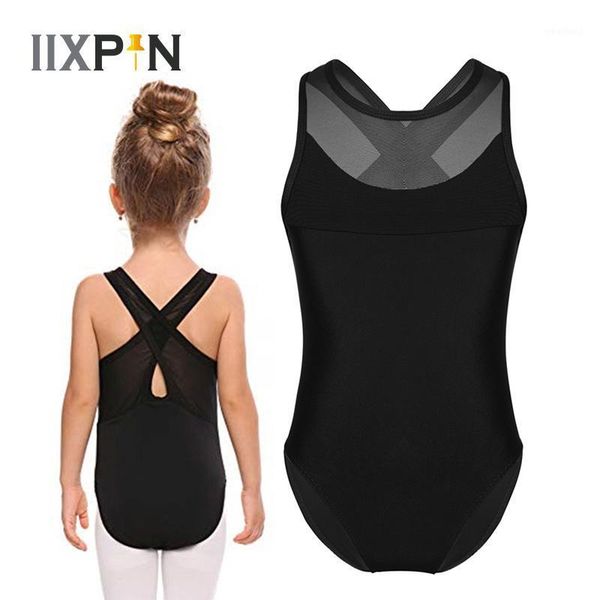 

iixpin girls ballet leotards kids gymnastics leotard sleeveless mesh splice criss-cross cutout back ballet dance jumpsuit1, Black;red