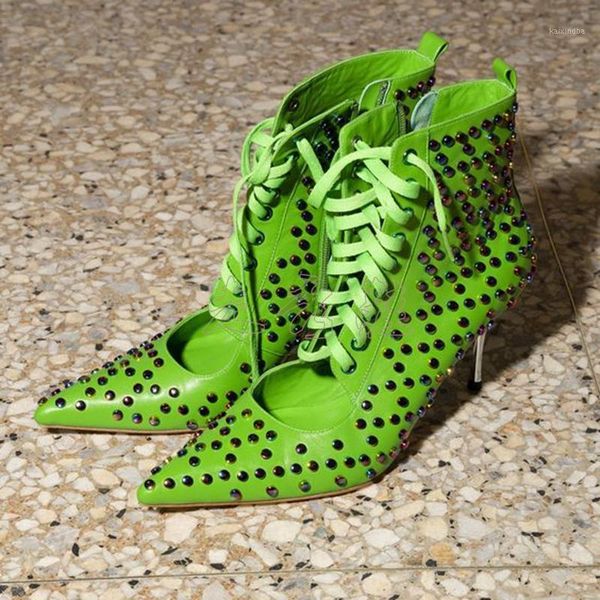 

boots rivets stud genuine leather ankle woman green cross-tied satin short fashion pointed toe lace-up women ankle1, Black