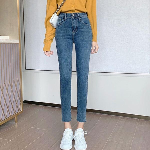 

jeans women's high waist slim skinny elastic simple edge small pencil pants ankle length female thin jeans1, Blue