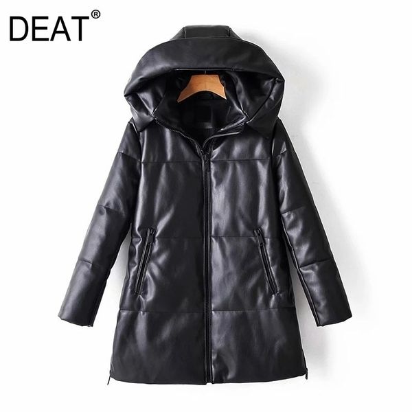 

[deat] loose fit leather brief warm woolen coat parkas new hooded long sleeve women fashion tide autumn winter 13u081 201119, Black
