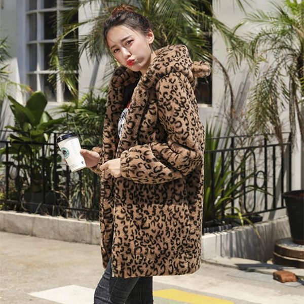 

yasuguoji new 2018 winter fashion leopard print long faux fur coat women thick hooded cotton padded ladies jacket overcoat lpc51, Black