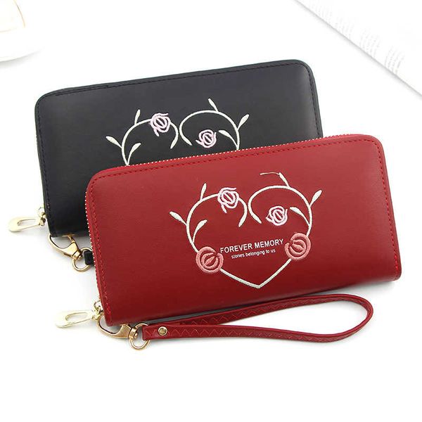 

ethnic embroidery heart zipper clutch wallet handbag women long purse bank coin pocket credit card holder cover bag, Red;black