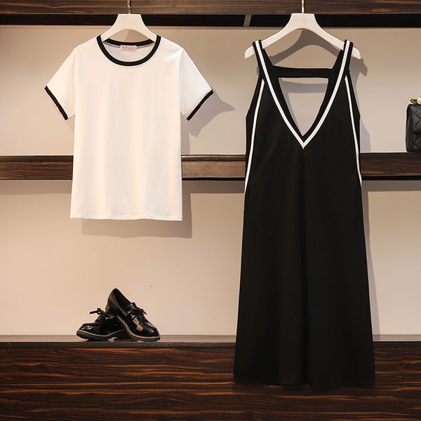 

2021 new female recreational summer of two pieces dressed in short sleeve cocar sewing suspend dress suit size big 4xl h009, Black;gray