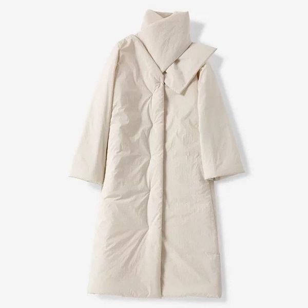 

women trench removable neck coat mi bai two wear scarf down cotton coat, Tan;black