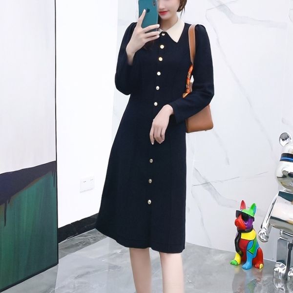 

zhzws семья 2020 платье dresswool dressautumn зима новая длина средней трикотажный рукав осень зима свитер отворотом юбка платье длинный тон, Black;gray