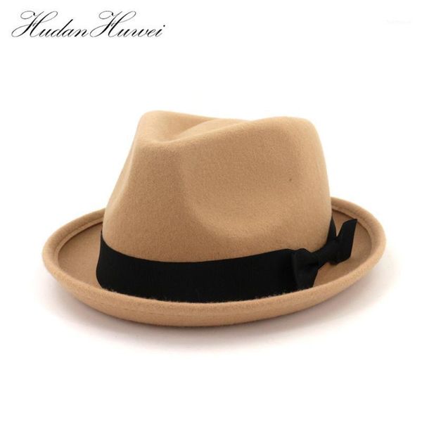 

wool felt pork pie hat with high fashion design uv protection adults in formal hats women roll up brim bow-knot jazz trilby cap1, Blue;gray