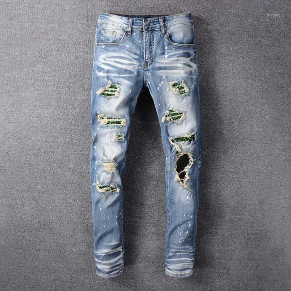 

new men's male fashion casual crystal holes ripped jeans slim skinny patchwork distressed blue stretch denim pants trousers1