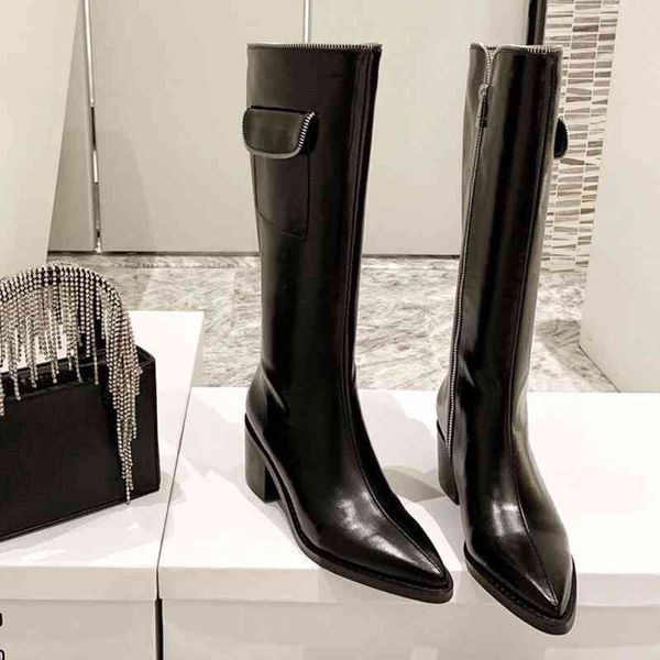 

shoes pointed pocket boots cowhide new medium high tube side zipper knight thick heel second hair shoe outlet, Black