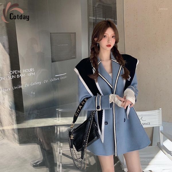 

cotday double breasted patchwork blue college cape flower 2021 new loose women's winter warm a-line woolen blend overcoat1, Tan;black