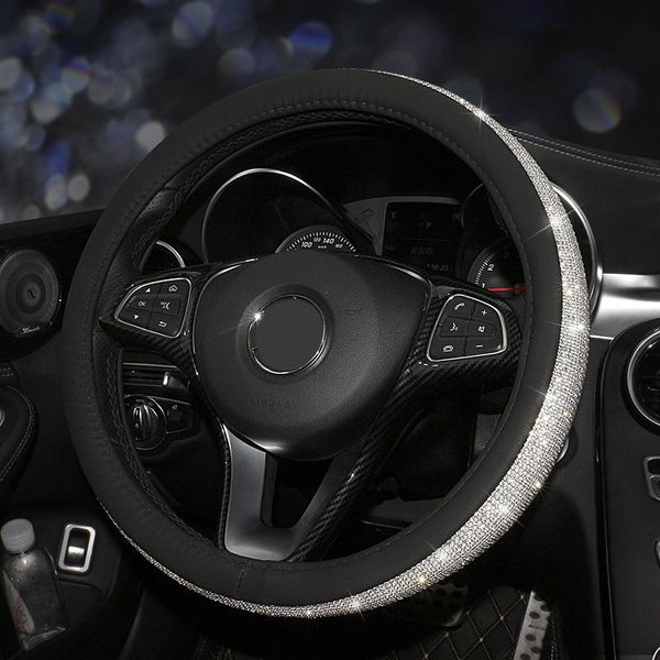 

leather car steering wheel covers cap steering wheel crystal cover auto car interior accessories black leather white diamond