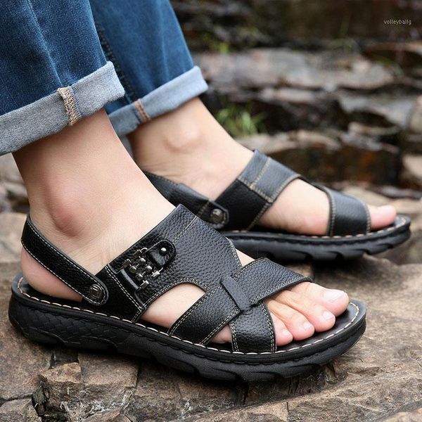 

new breathable soft sandals men shoes summer 2020 slip-on geniune leather casaul shoes men flats sandals chaussure homme1, Black