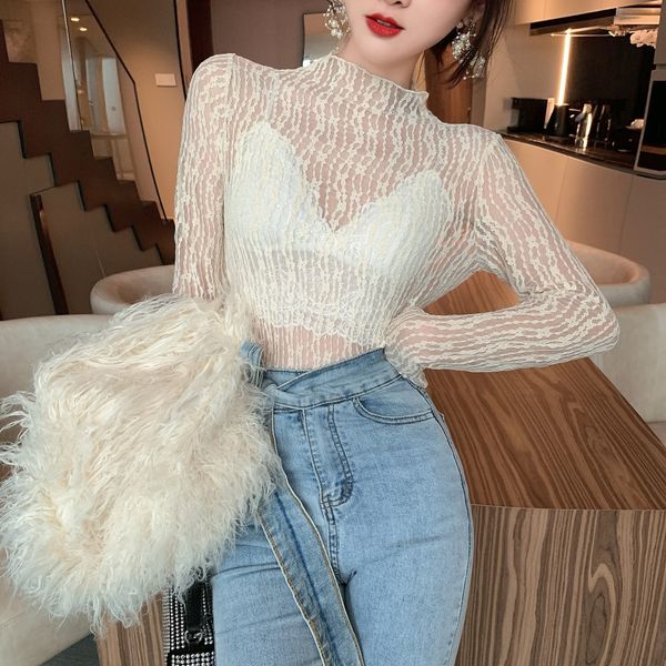 

hong kong flavor 2020 full perspective half high collar bottoming shirt women lace versatile t-shirt trend