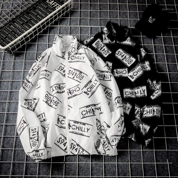 

loose stand collar jacket men's trendy letter print coat sun protection men's streetwear long sleeve, Black;brown
