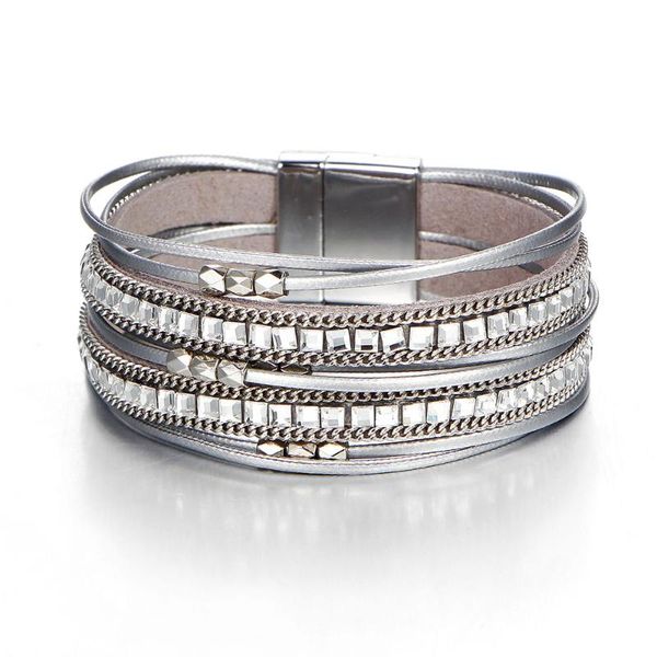 

charm bracelets laramoi long leather multilayer bracelet western style with rhinestone magnetic buckle fashion jewelry, Golden;silver