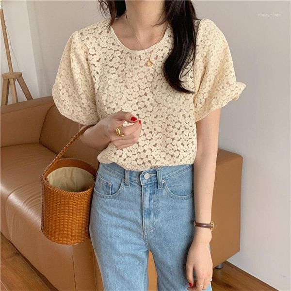 

women's blouses & shirts daisy flower embroidery lantern sleeve 2021 loose chic gentle summer streetwear all match lace shirts1, White