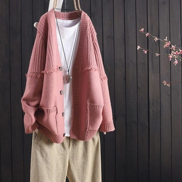 

autumn new loose wild pure color casual art long-sleeved buttoned knitted cardigan women's sweater jacket 201023, White;black