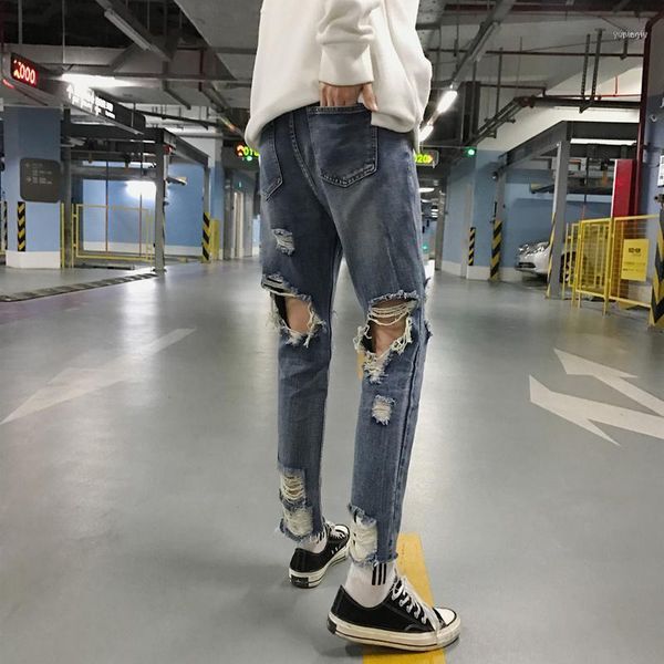 

spring autumn new vintage ripped jeans for mens fashion casual knee length trousers men clothes pants denim hole bottom ds5076311, Blue