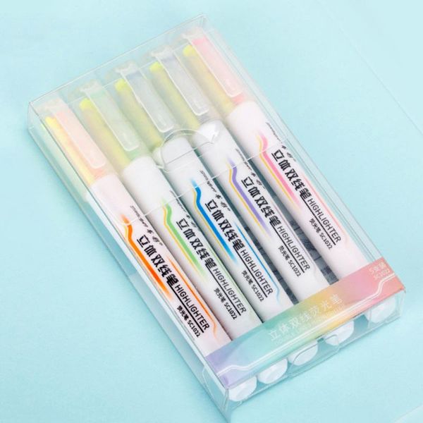 

5 color/set cartoon cute high capacity highlighter multifunctional color double line focus marker pen stationery student gift, Black;red