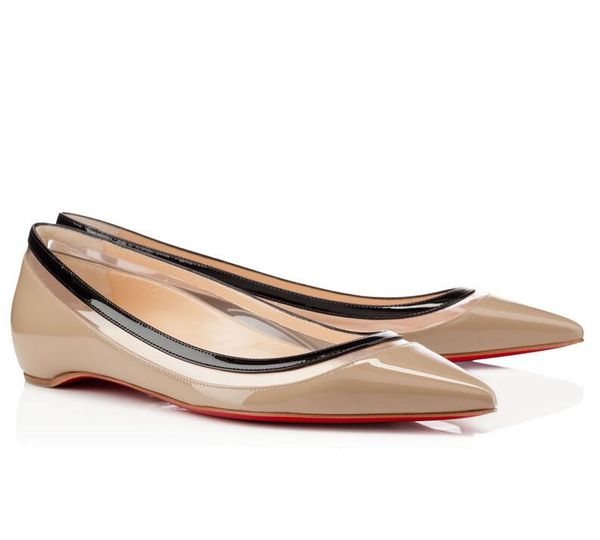 

women ballet pointed toe red bottom women's sandals paulina flats pvc patent leather ballerinas shoes with box,eu43, Black