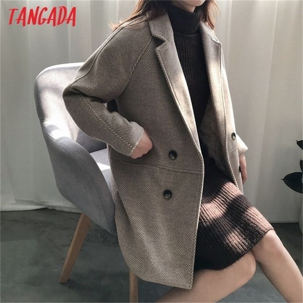 

tangada women vintage thick wool blazer coat pocket winter elegant vintage ladies warm coat suit overcoat asf64 201214, Black