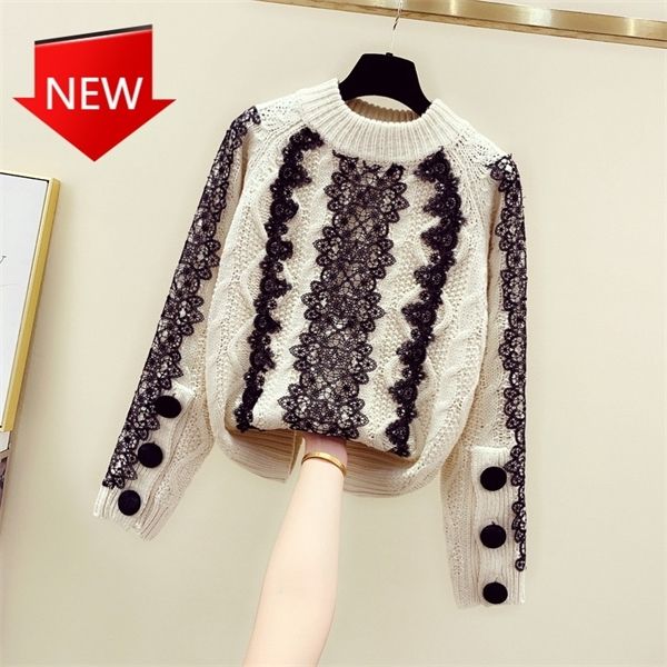 

loose pullover women sweater outside lady sweaters knitwear fall/winter warm knit shirts female korean lace spliced long sleeve h1211, White;black