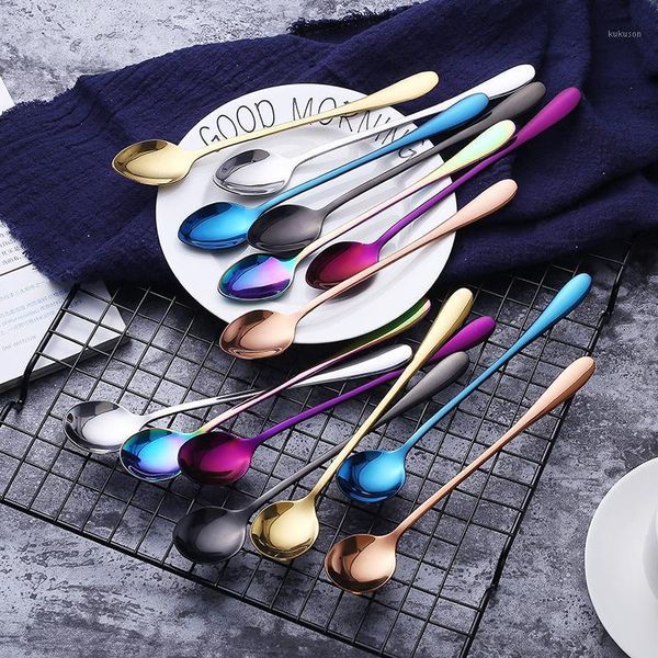 

stainless steel coffee spoons mixing spoons cold drink fruit long ice ladles rainbow sharp head and round head cutlery 6pcs/set1