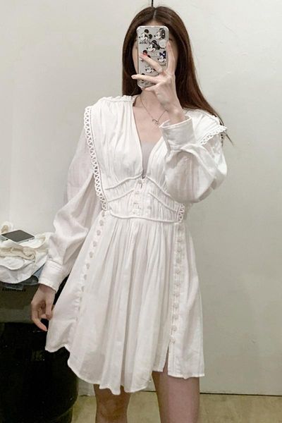 

women dress 20 spring and summer deep v-neck lace waist cotton dress1, Black;gray