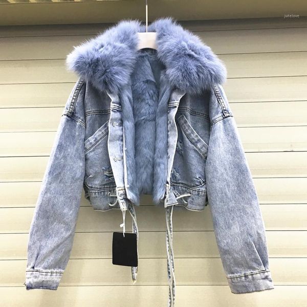 

real fur collar thick warm denim jacket female winter detachable real fur liner bandage stitching coat f21531, Black